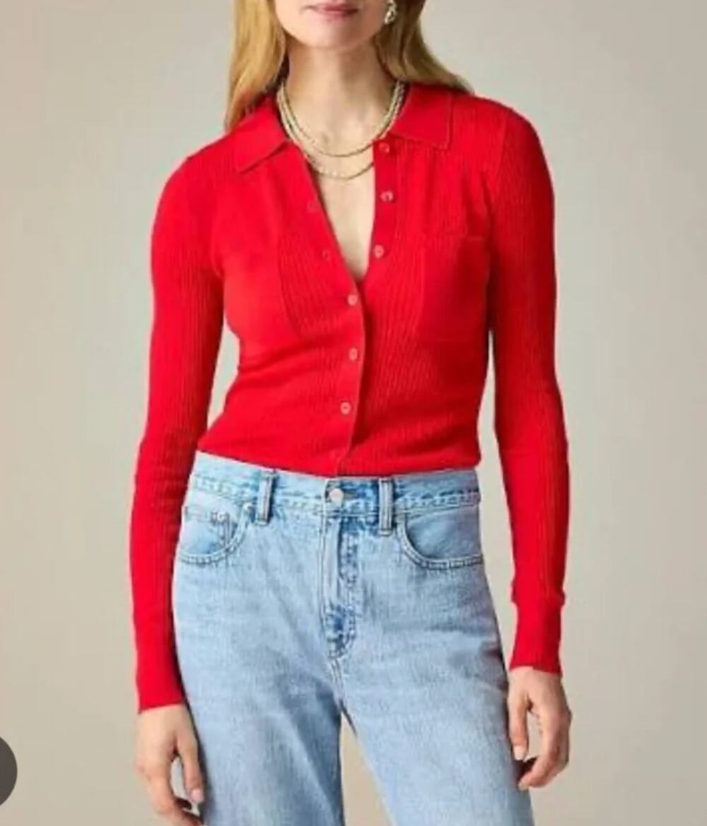 J.Crew Collared button-up sweater in merino wool blend Medium Red CK393